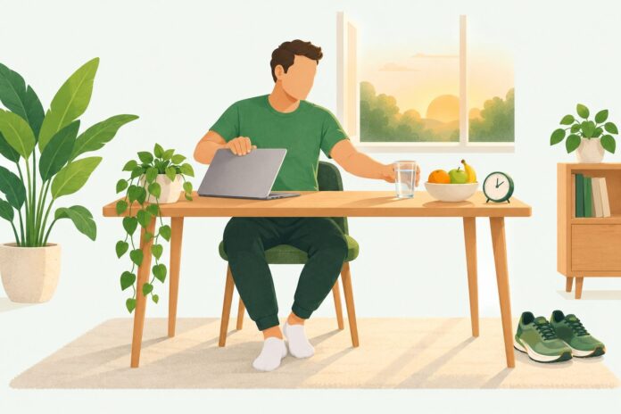 Man at a home desk at sunrise closing his laptop and reaching for a glass of water